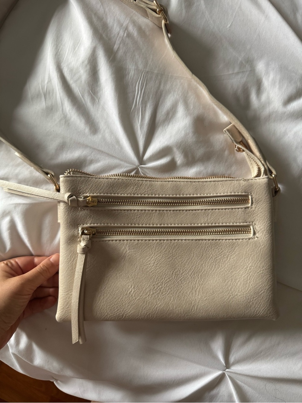 Cream Crossbody Bag with Gold Zippers